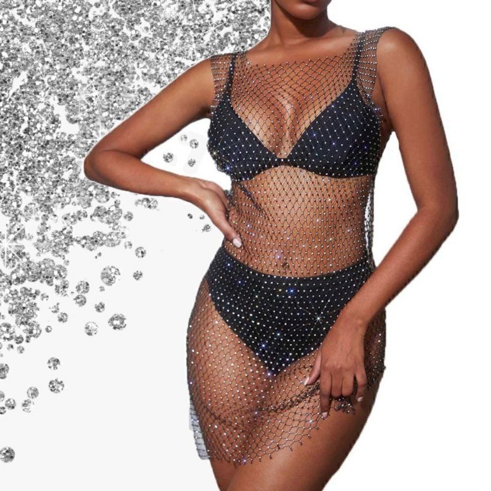💎✨ Rhinestone Crystal Diamond Fishnet Mesh Sheer Party Cover Up Dress L NWT